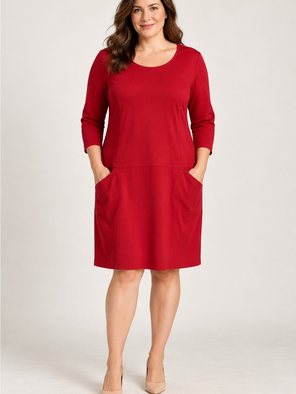 Classic Scoop Neck Red Knit Dress with Pockets Talbots
